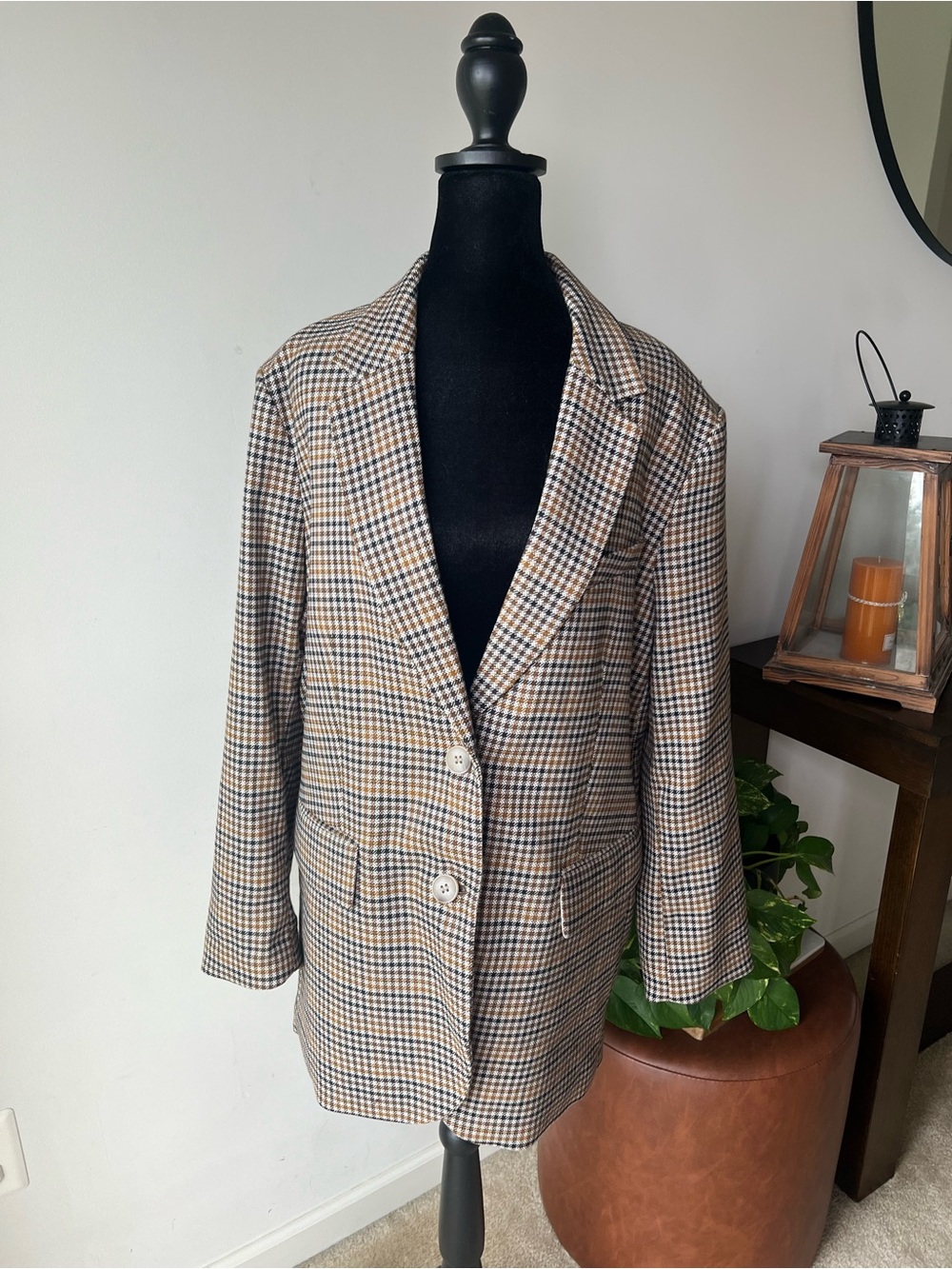 H&M Oversized Checked Blazer in Brown and Cream